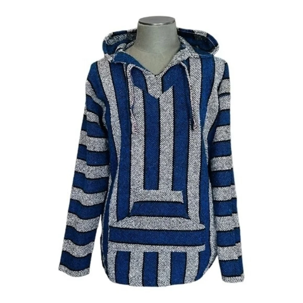 Mexican Baja Hoodie L Rainbow Rug Jumper Unisex Blue Grey Black Surf Poncho New